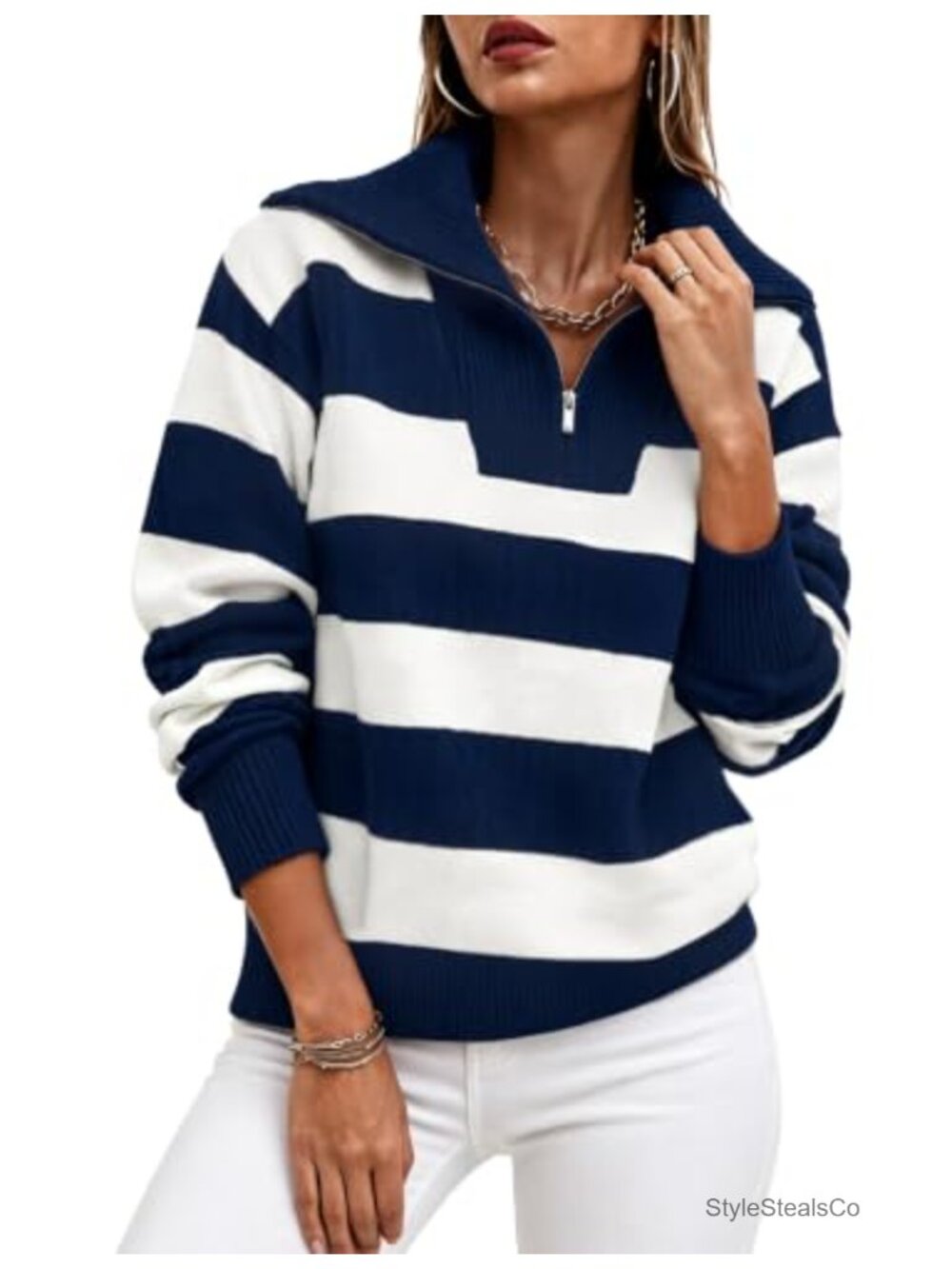 Oversized Quarter Zip Ribbed Knit Sweater Pullover